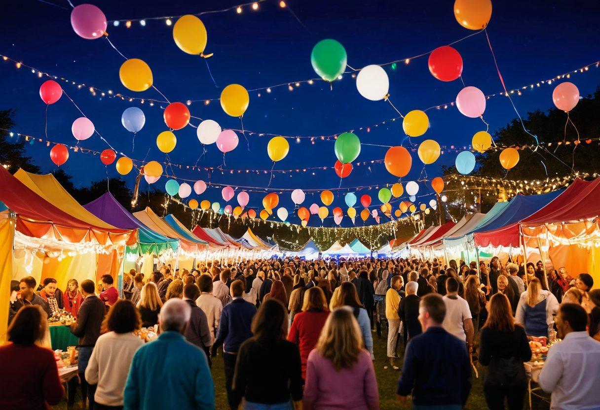 A lively gathering of diverse people celebrating at a vibrant outdoor festival, with colorful decorations, balloons, and lights. Include joyful expressions, engaging activities like dancing and chatting, and a background of festive stalls. The atmosphere should exude warmth and happiness, showcasing connections and community spirit. bright colors. cheerful vibe. whimsical art style.