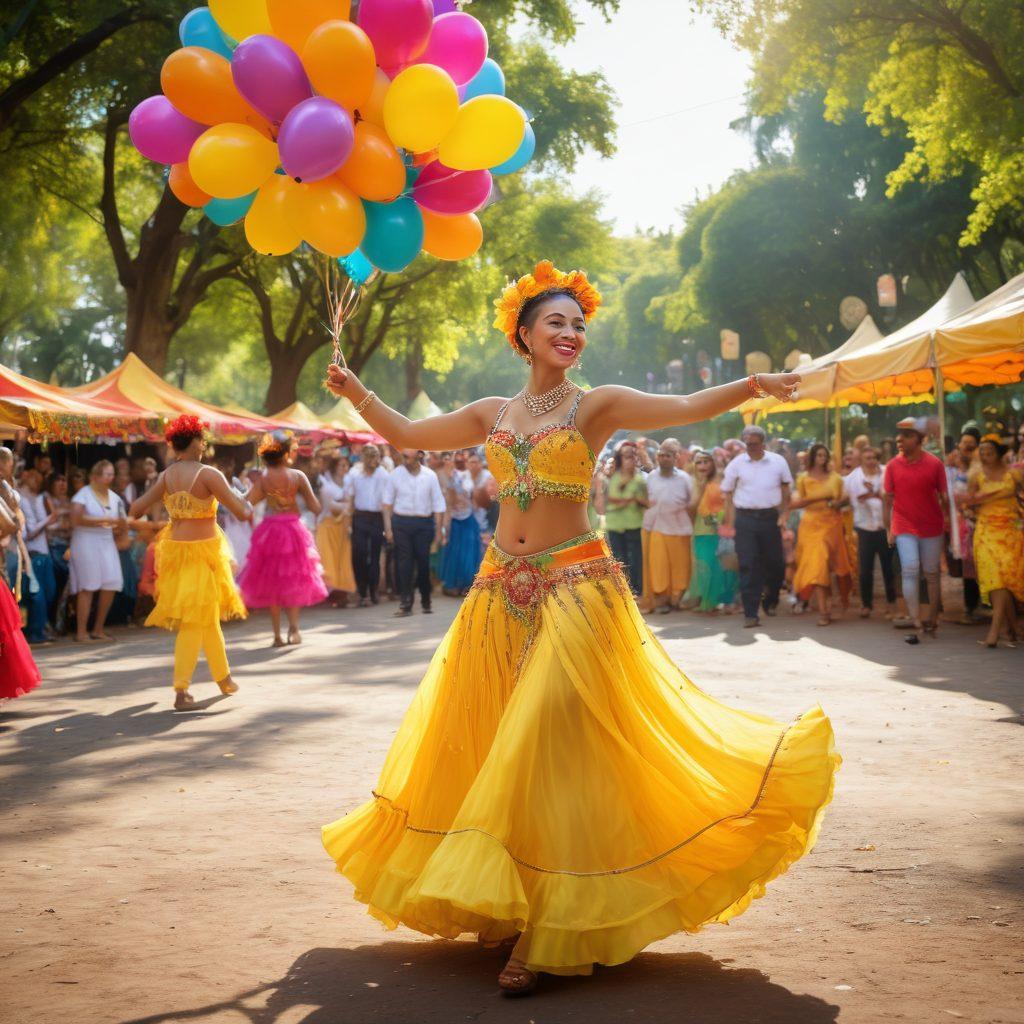 A vibrant gathering of diverse Brazzarian community members joyfully interacting in a colorful park, showcasing laughter and connection. Incorporate elements of traditional Brazzarian culture such as samba dancers, street food stalls, and lively decorations. Include an uplifting atmosphere with warm sunlight filtering through trees, symbolizing happiness and togetherness. super-realistic. vibrant colors. 3D.