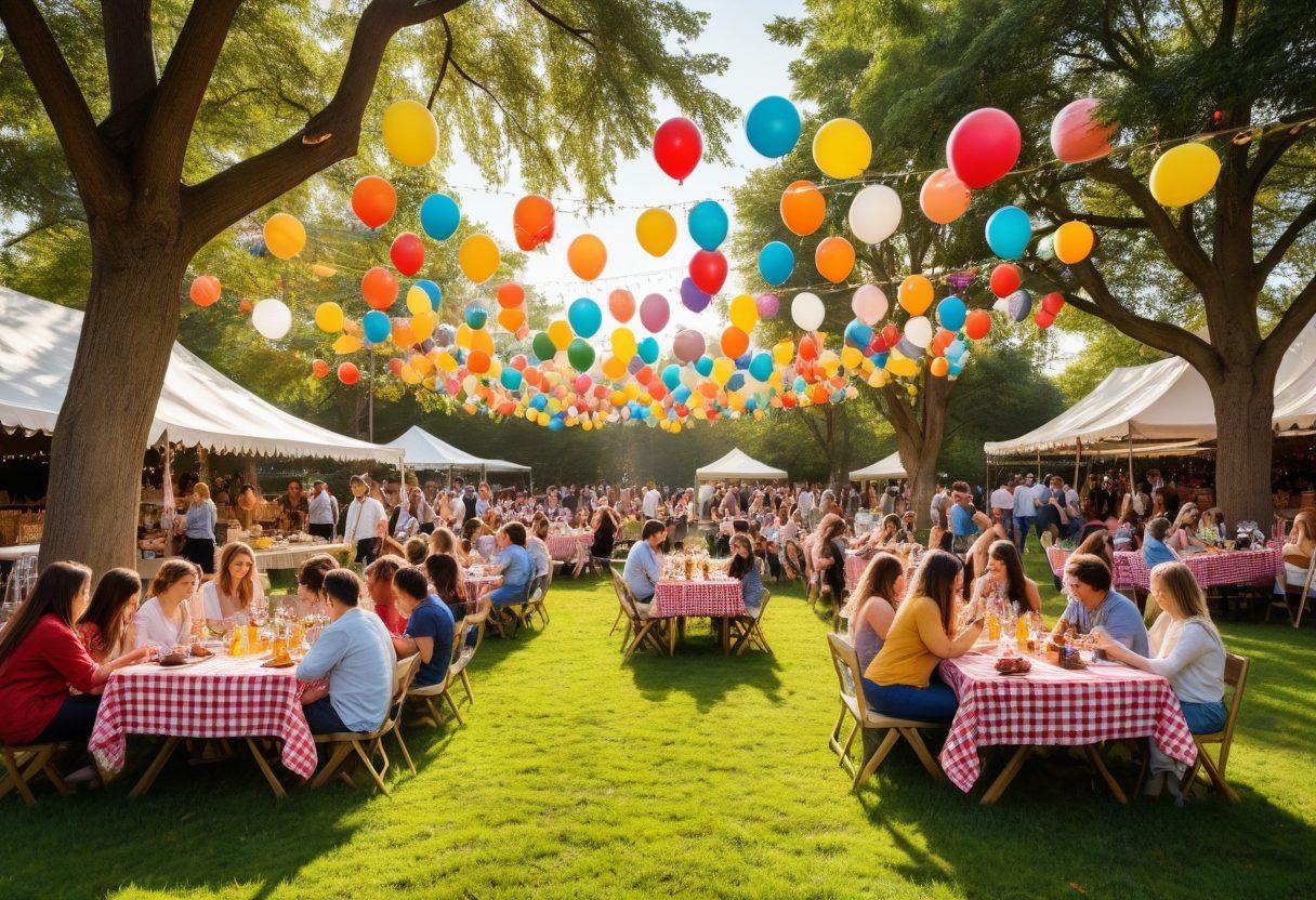 A vibrant scene showcasing a diverse group of people joyfully engaging in a lively outdoor gathering, surrounded by colorful decorations and display tables filled with delicious food and drinks. The atmosphere is infused with laughter, unity, and warm sunlight filtering through lush trees. Include elements like balloons, picnic blankets, and musical instruments to highlight the festive spirit of togetherness. super-realistic. vibrant colors. outdoor setting.